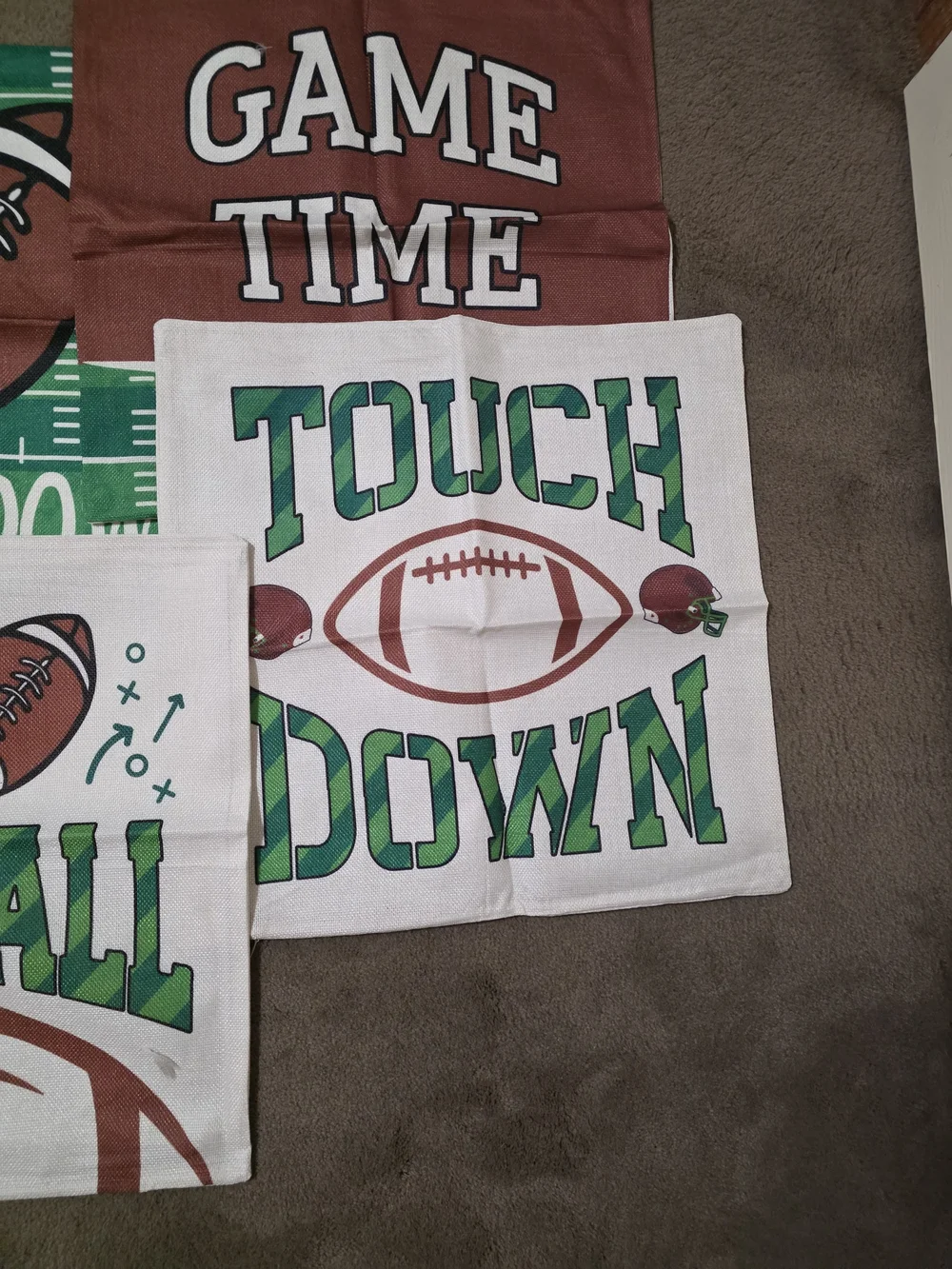 Football Theme Accent Pillow Covers - Green, Brown, White 18x18